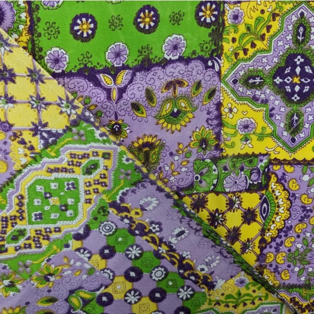2 Yards Vintage 1970's Silky FAUX PATCHWORK FABRIC Retro Bright Geometric Floral